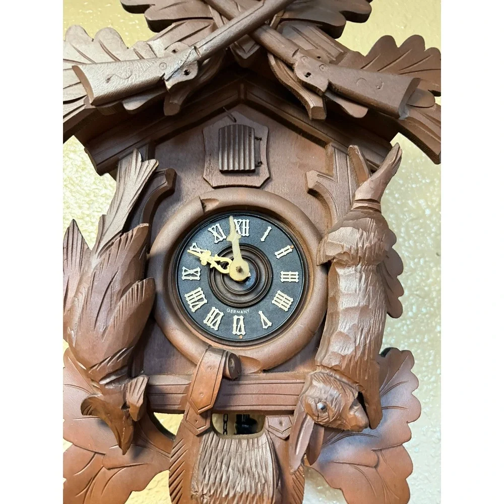 Vintage German Black Forest Cuckoo Clock Hunting Scene Stag Rifles Hand Carved
